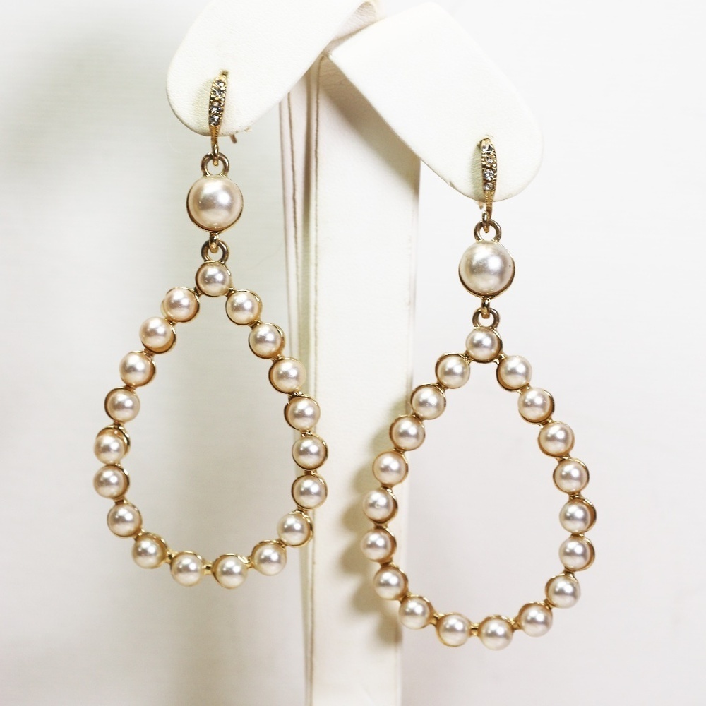 Pearl Earrings ~ Teardrop Loop Dangle Earrings w/ Crystal Encrusted French Wires